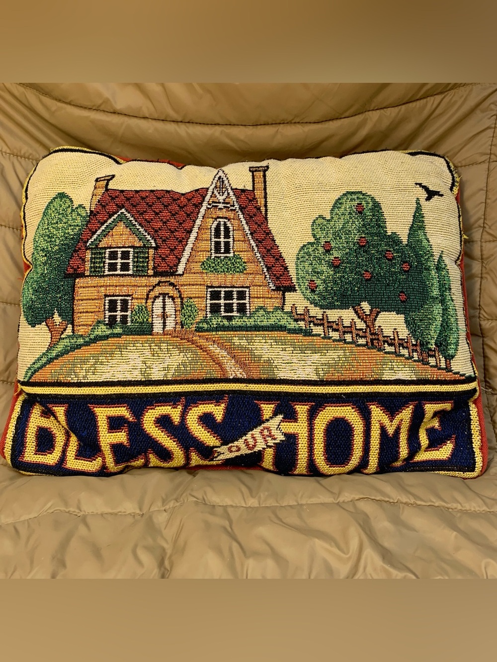 Vintage Bless Our Home Tapestry Throw Pillow Cottage House Country Farmhouse Dec